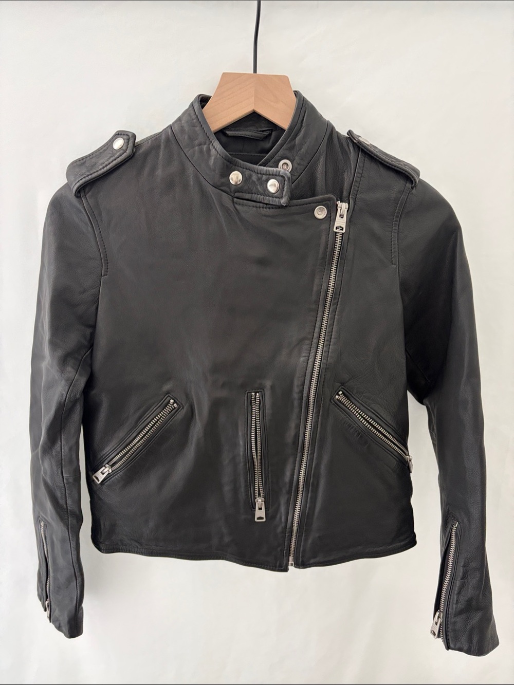 AllSaints Black Leather Asym Zip Moto Jacket with Epaulets